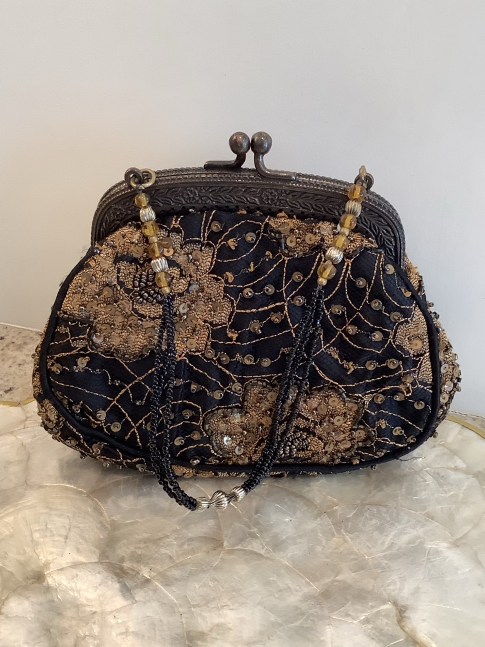 Christiana Vintage Beaded Black and Gold Evening Clutch Bag